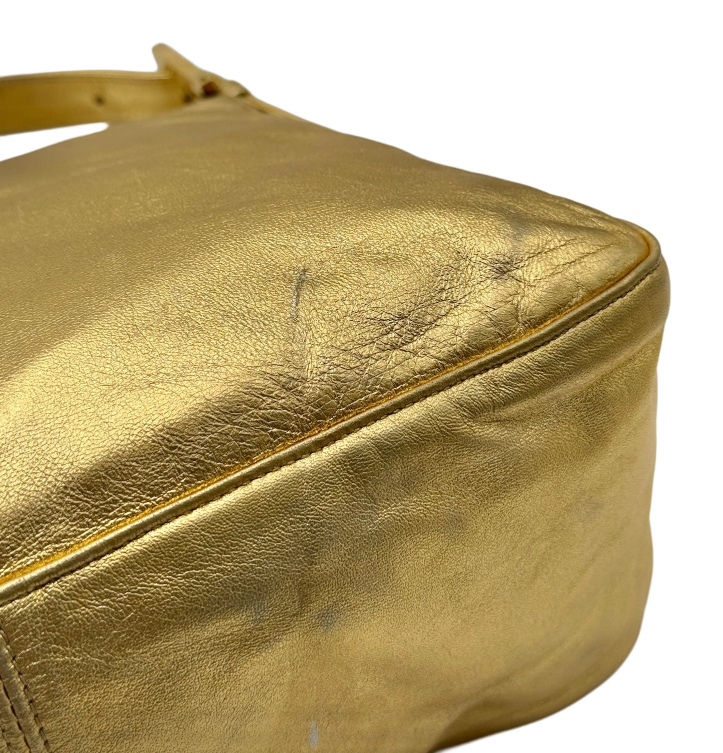Fendi Vintage Gold Lambskin Leather Crystal Logo Mamma Shoulder Baguette Bag