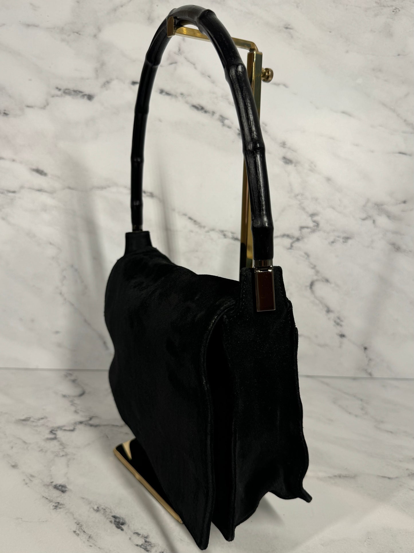 Gucci Vintage Black Suede Bamboo Top Handle Bag