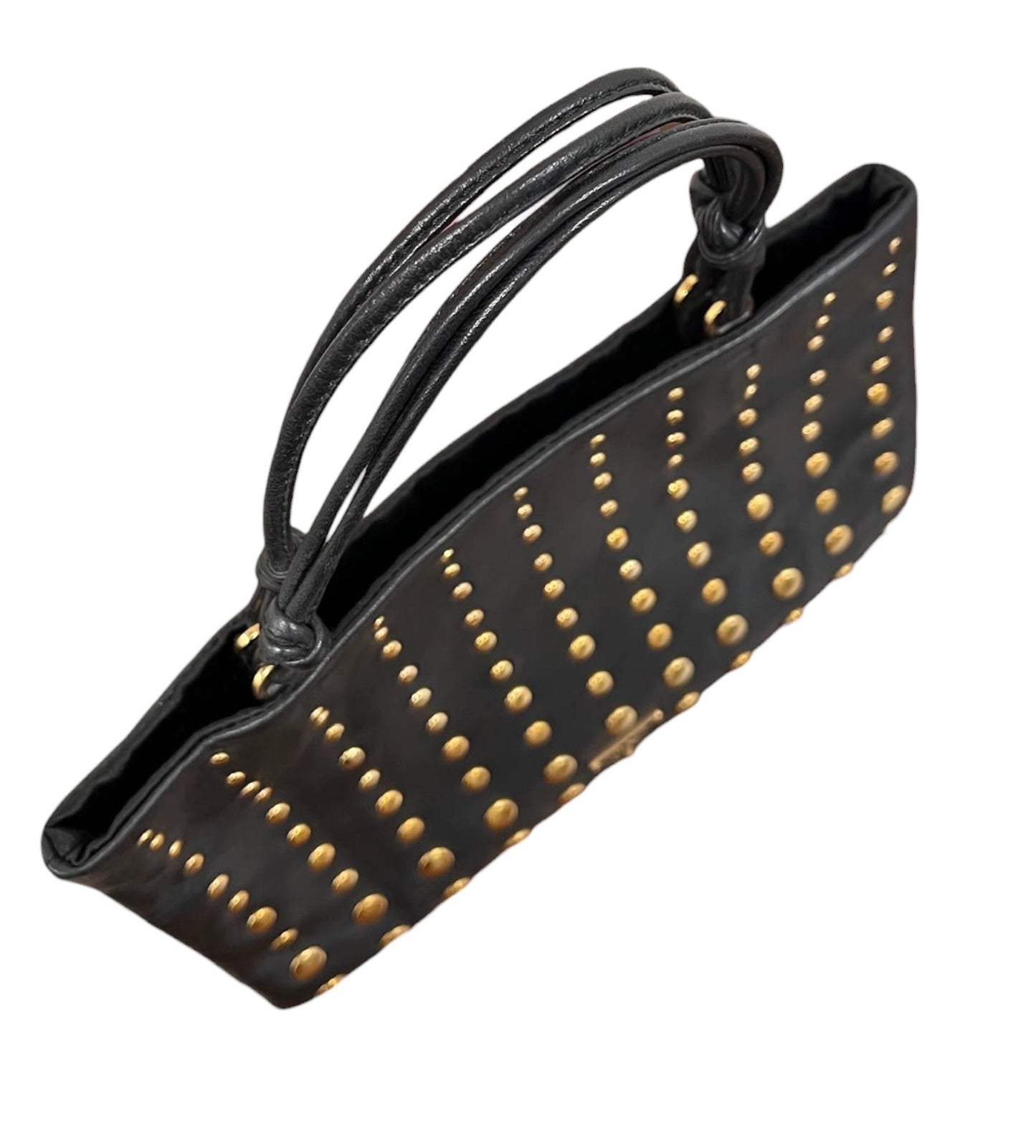 Prada Vintage Black Lambskin Gold Studded Mini Top Handle Pochette