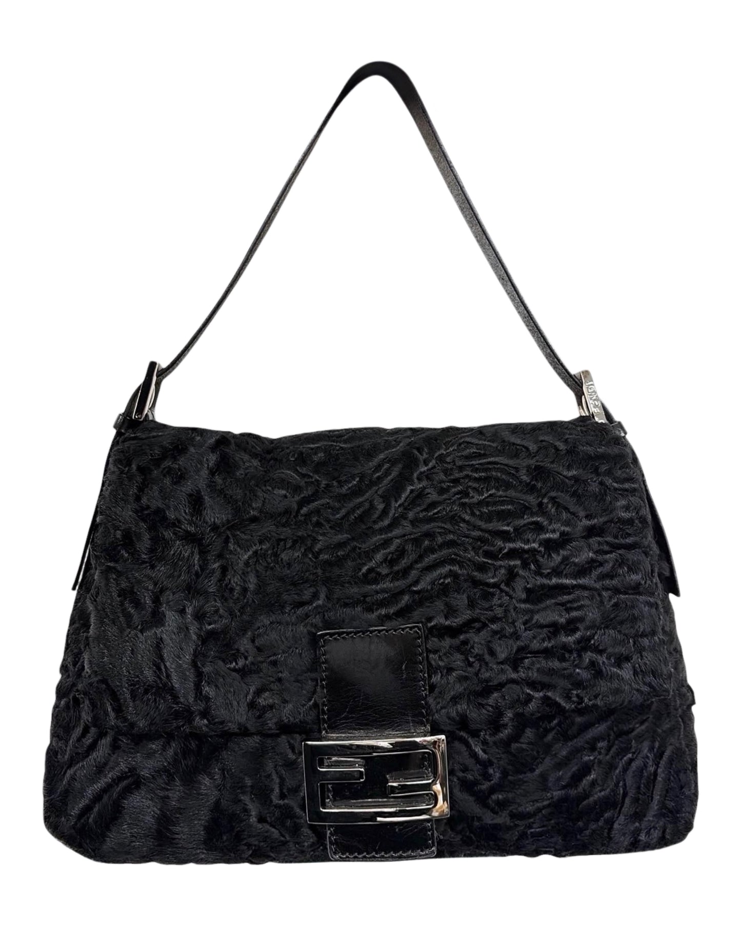 Fendi Vintage Black Astrakhan Persian Lamb Fur Mamma Baguette Shoulder Bag 