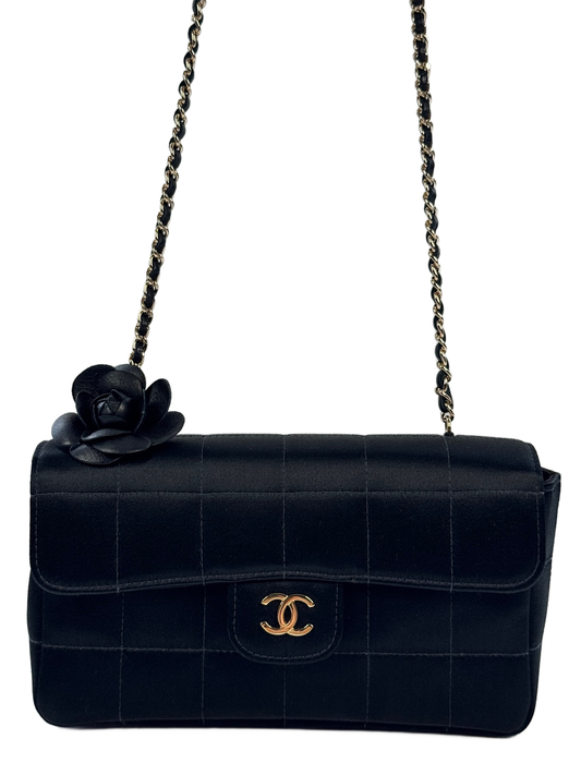 Chanel Vintage 00s Black Satin Quilted Chocolate Bar Camellia Flower Extra Mini Flap  Bag