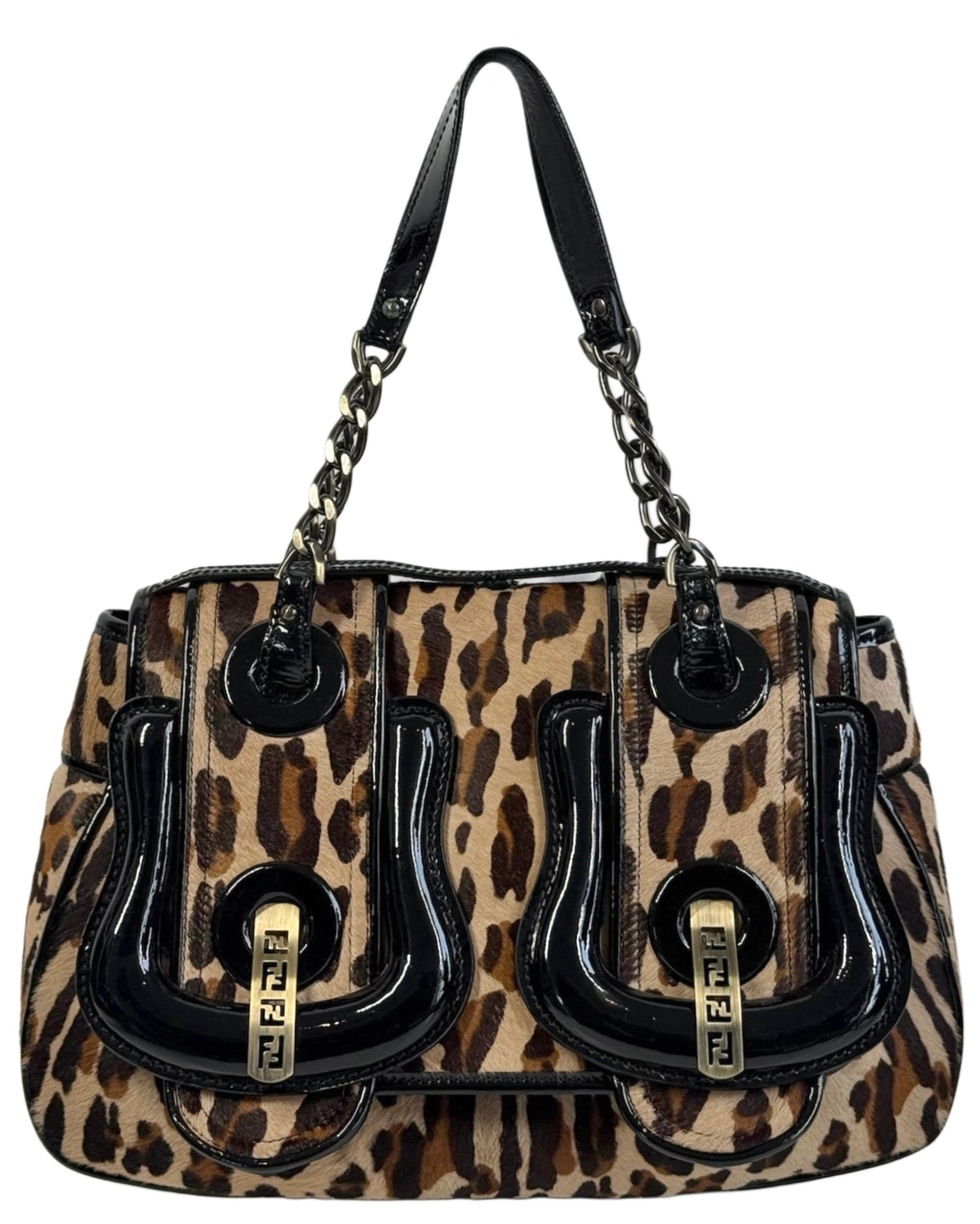 Fendi Vintage Brown Leopard Print Pony Hair Black Patent Leather Logo Buckle Shoulder Bag