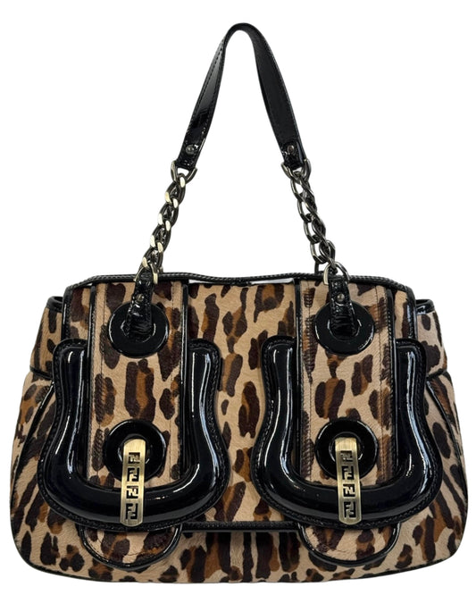 Fendi Vintage Brown Leopard Print Pony Hair Black Patent Leather Logo Buckle Shoulder Bag