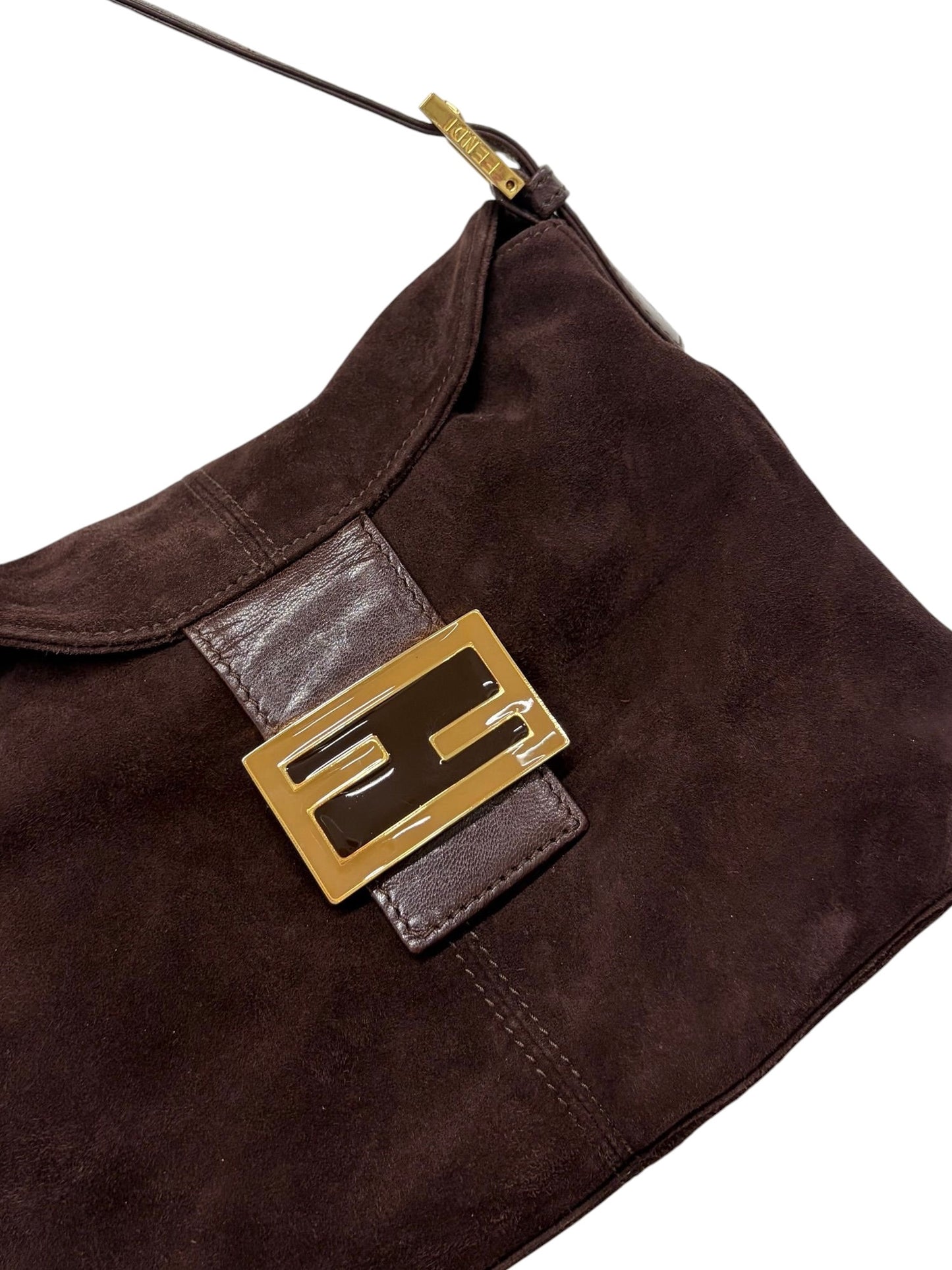 Fendi Vintage Brown Suede Double Flap Bucket Shoulder Baguette Bag 