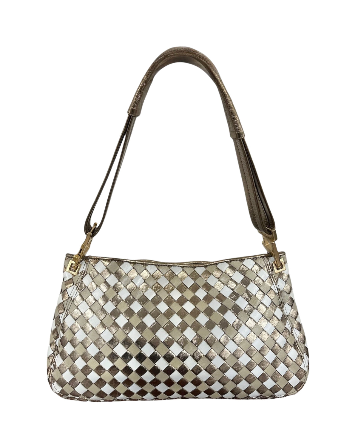 Bottega Venteta Vintage Metallic Gold Intrecciato Leather Medium Shoulder Bag