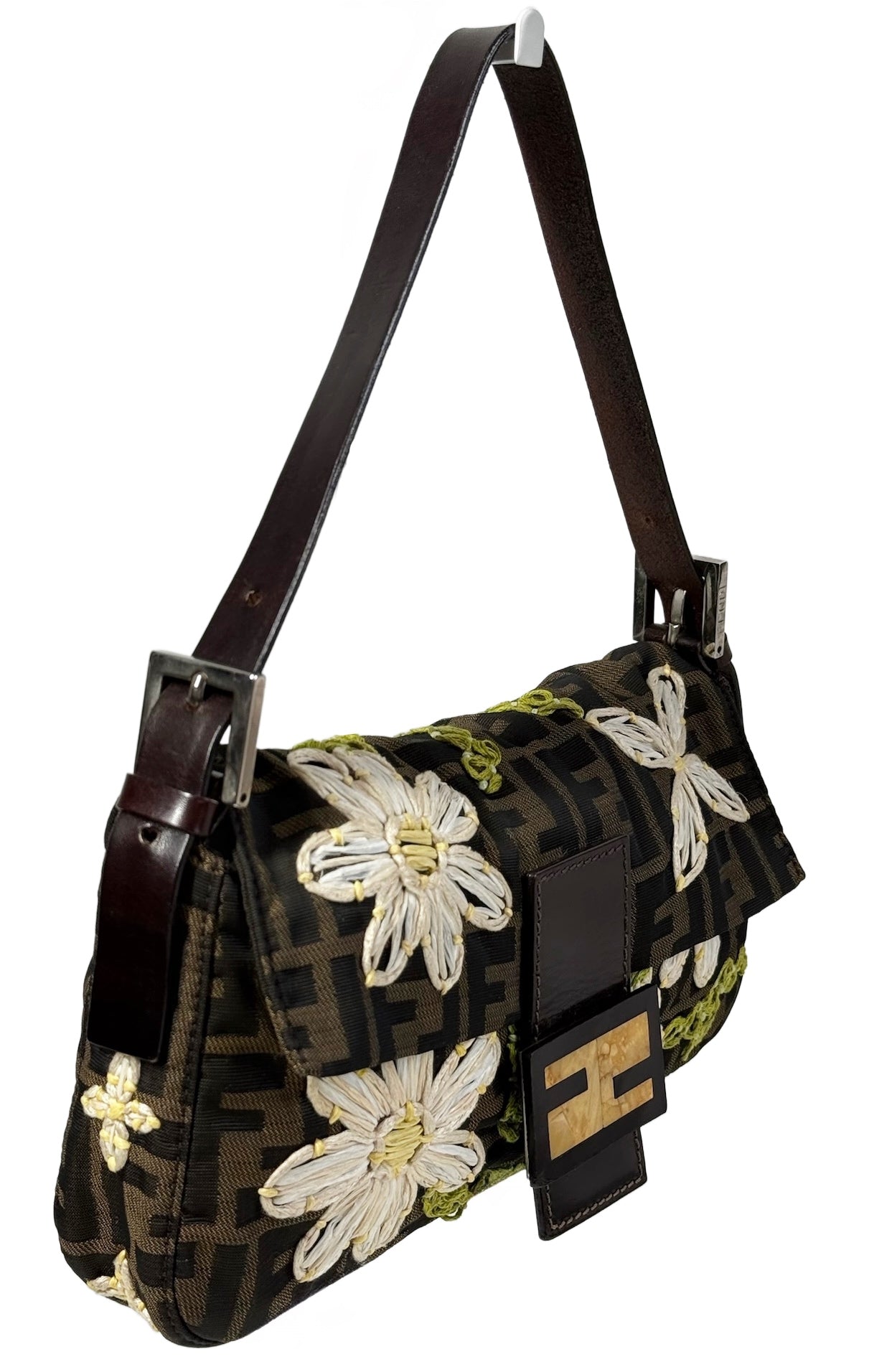 Fendi Vintage Brown Monogram Floral Embroidered Tulle Zucca Monogram Shoulder Baguette Bag