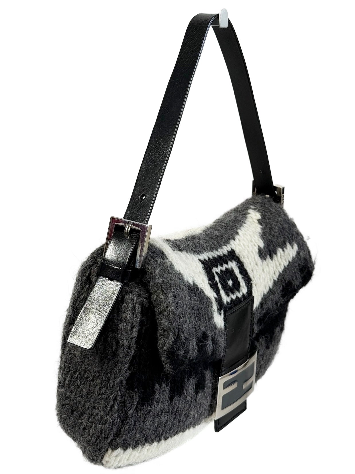 Fendi Vintage Gray Black Ivory Wool Knit Baguette