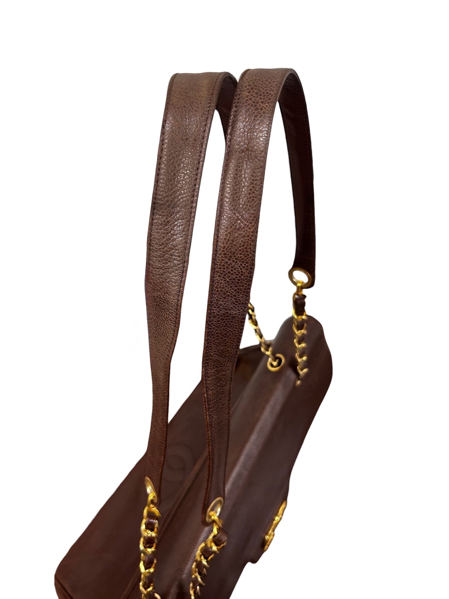 Chanel Vintage 1995 Dark Brown Caviar Leather Double Sided CC Turnlock XL Shoulder Tote Bag