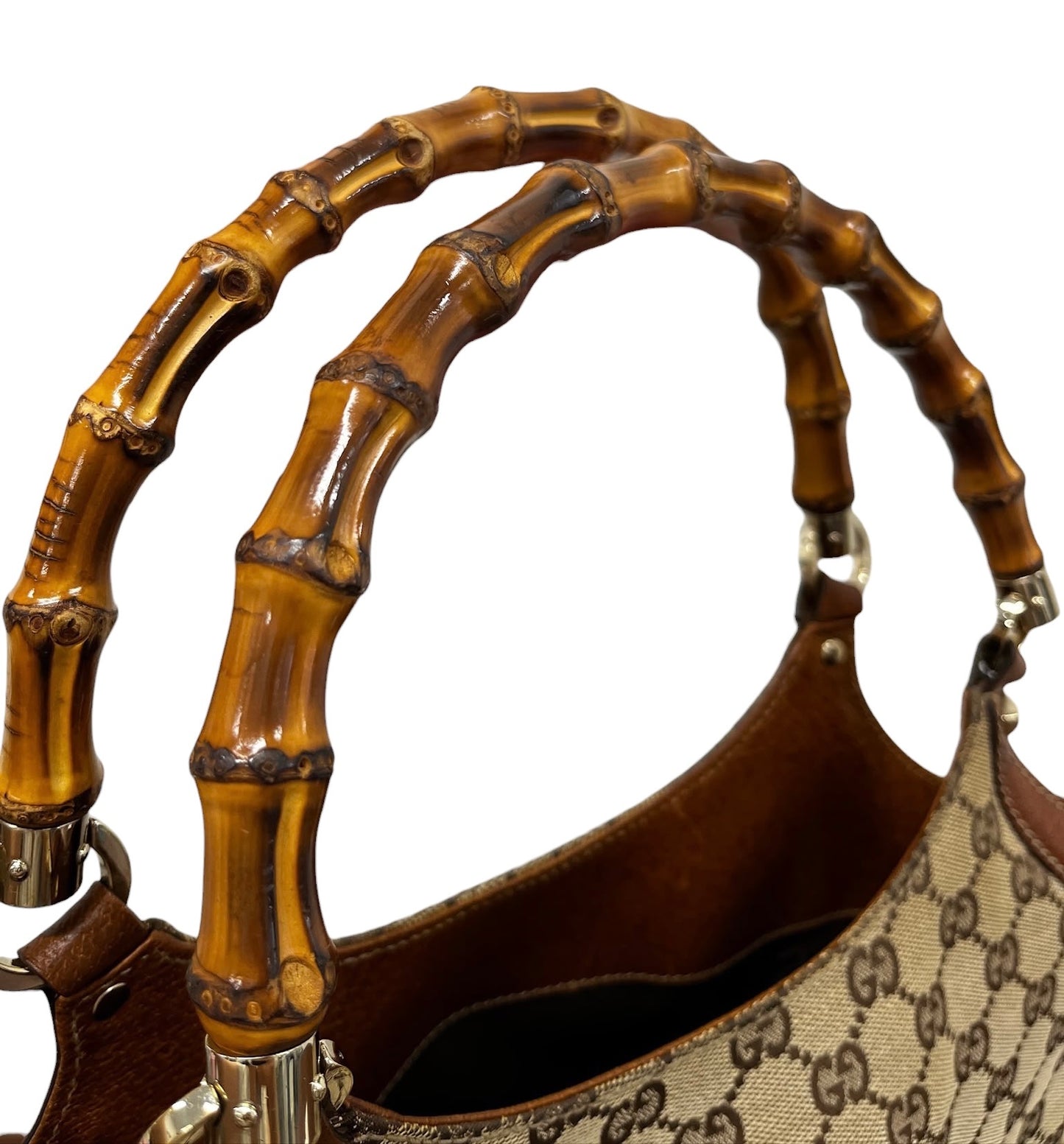 Gucci Vintage Brown GG Monogram Medium Bamboo Handle Shoulder Bag