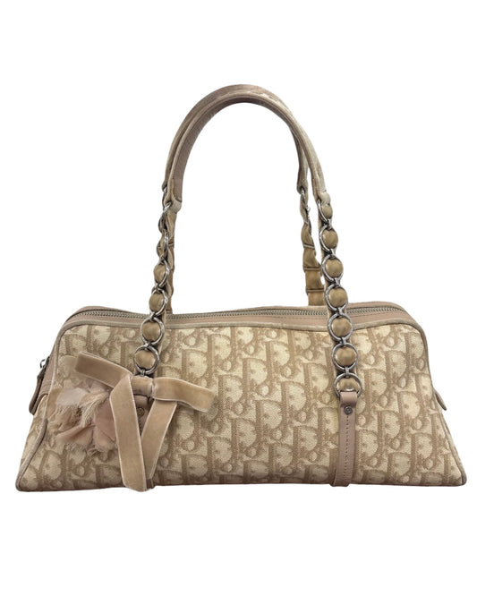 Dior Vintage 2005 Beige Diorissimo Monogram Canvas Romantique Velvet Bow Floral East West Shoulder Bag