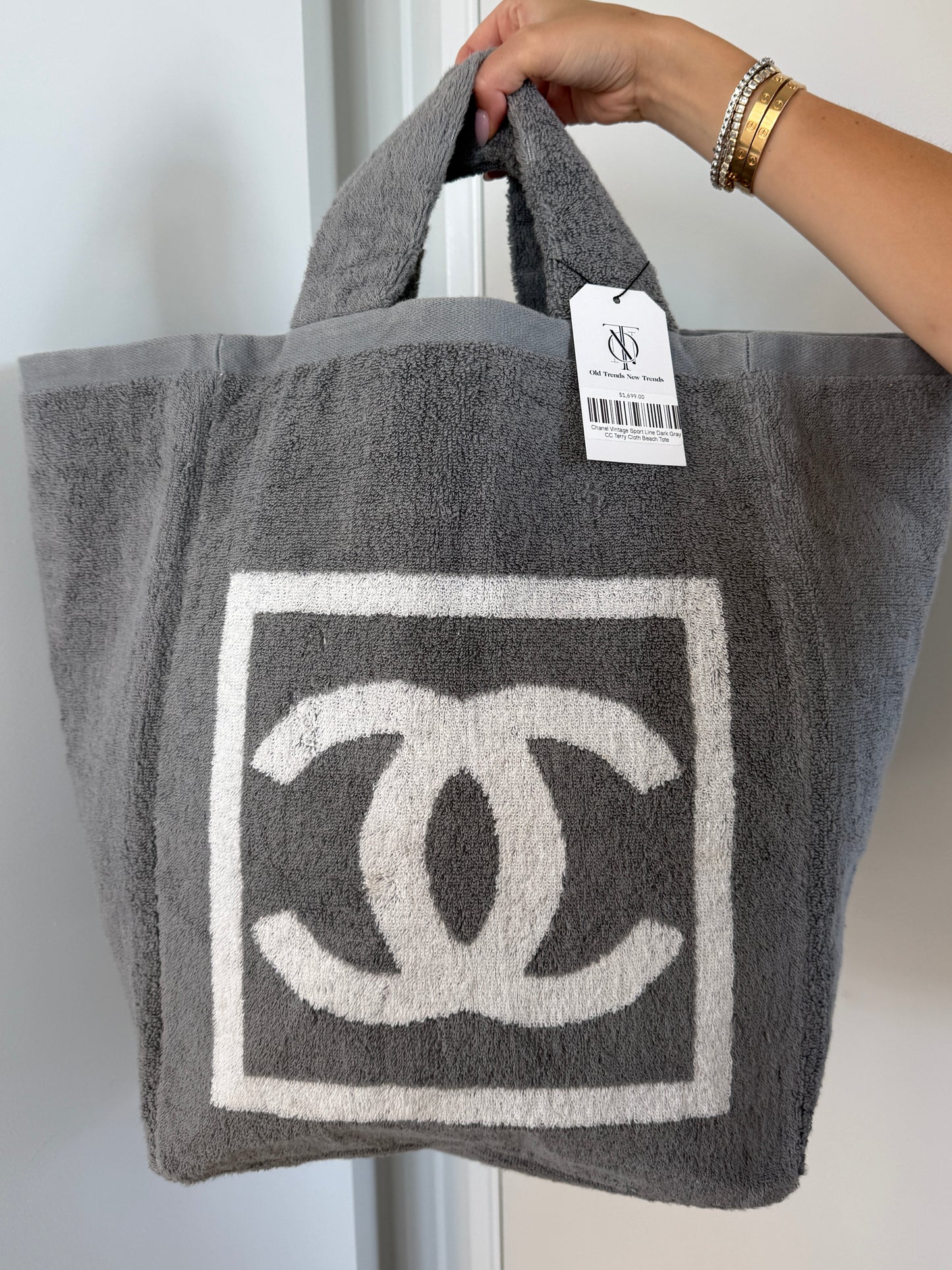 Chanel Vintage Sport Line Dark Gray CC Terry Cloth Beach Tote