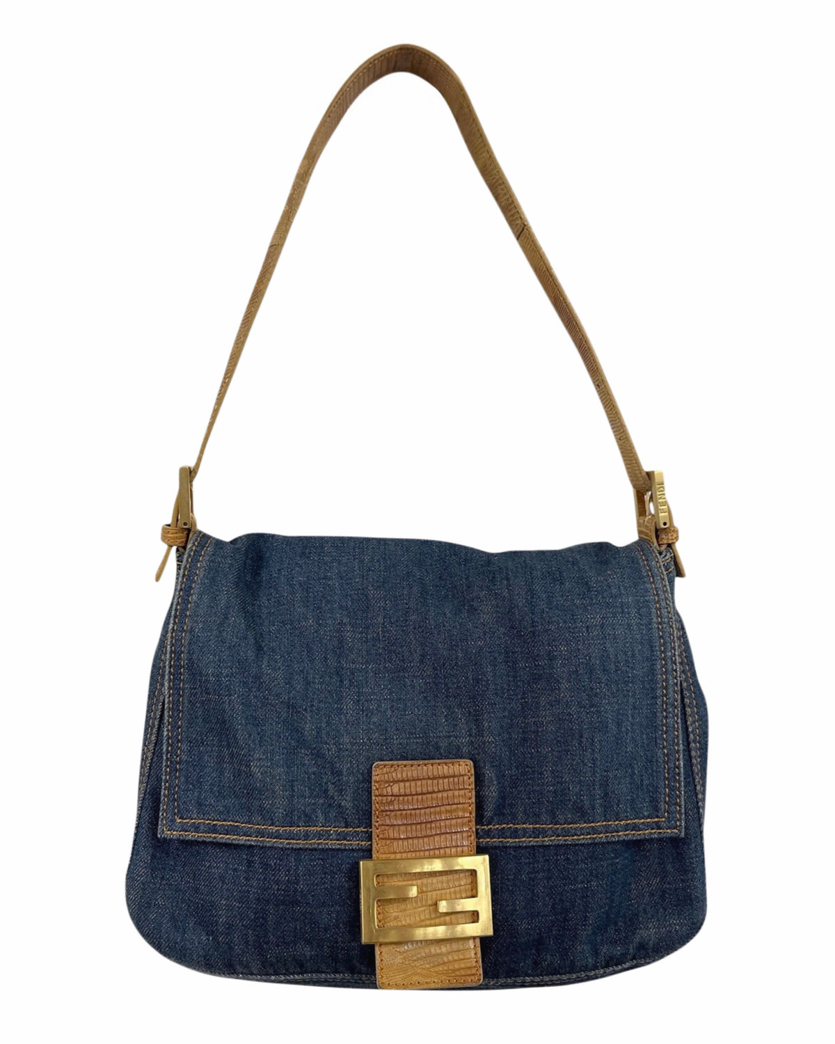 Fendi Vintage Blue Denim Beige Lizard Trim Mamma Shoulder Baguette Bag