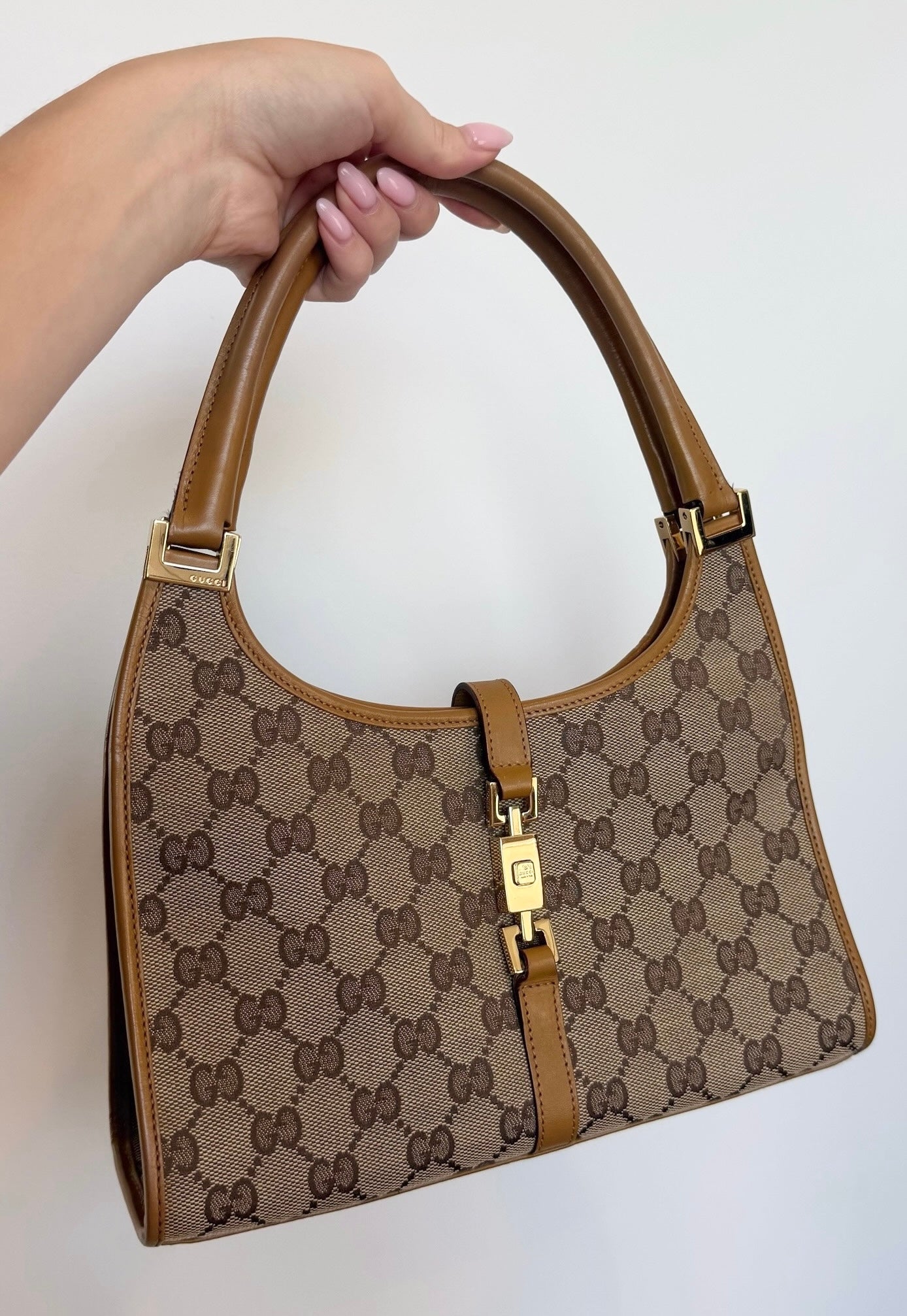 Gucci Brown GG Monogram Small Jackie Shoulder Bag with Light Brown Trim