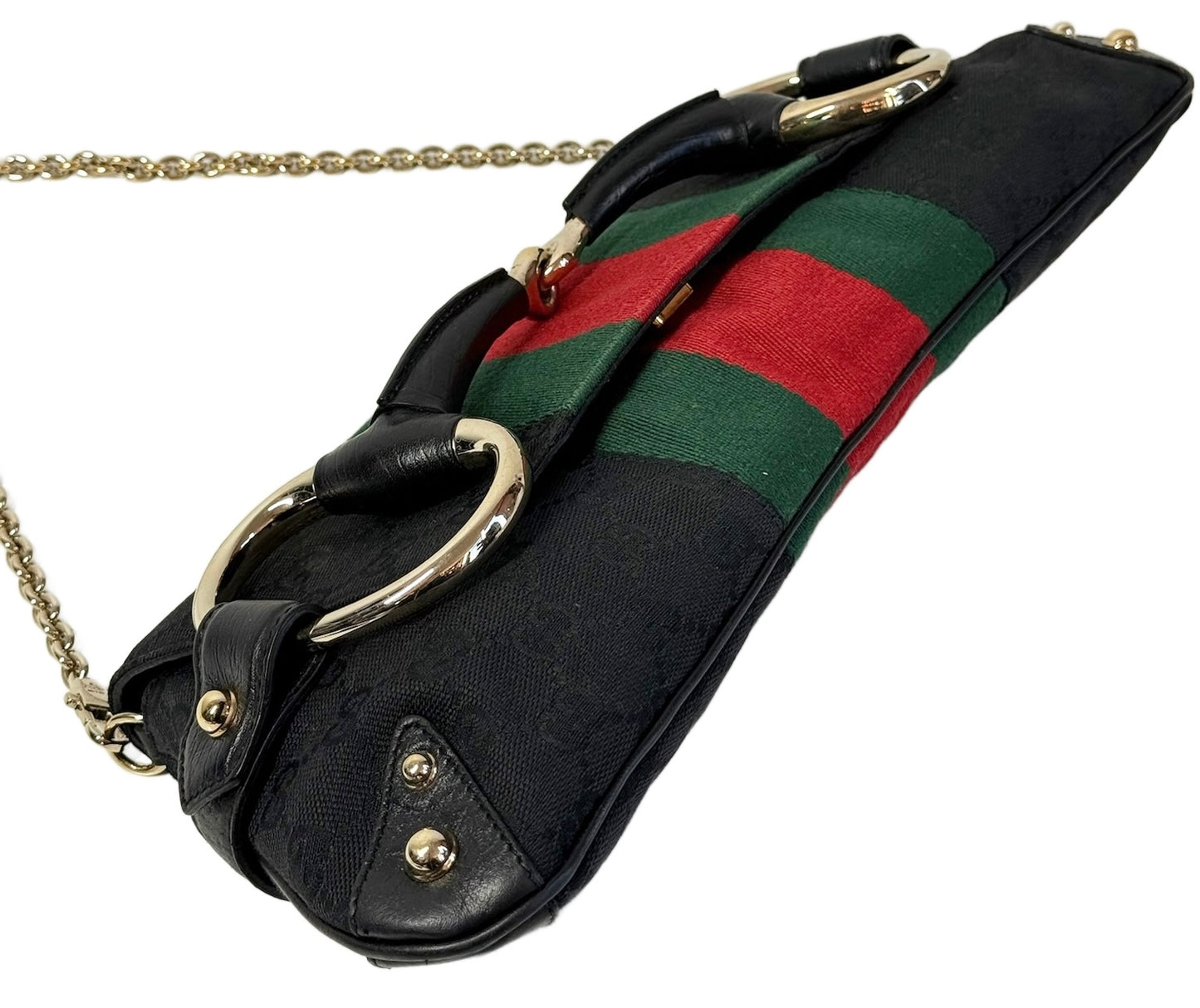 Gucci Vintage Black GG Monogram Webb Stripe Large Horsebit Chain Shoulder Clutch Bag