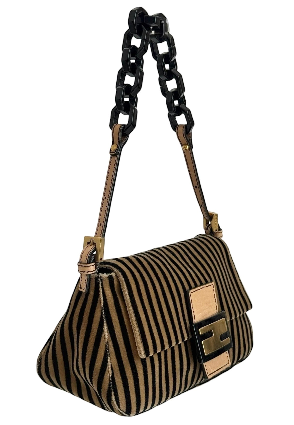 Fendi Vintage Velour Velvet Beige & Black Striped Chain Link Mini Mamma Shoulder Baguette Bag 