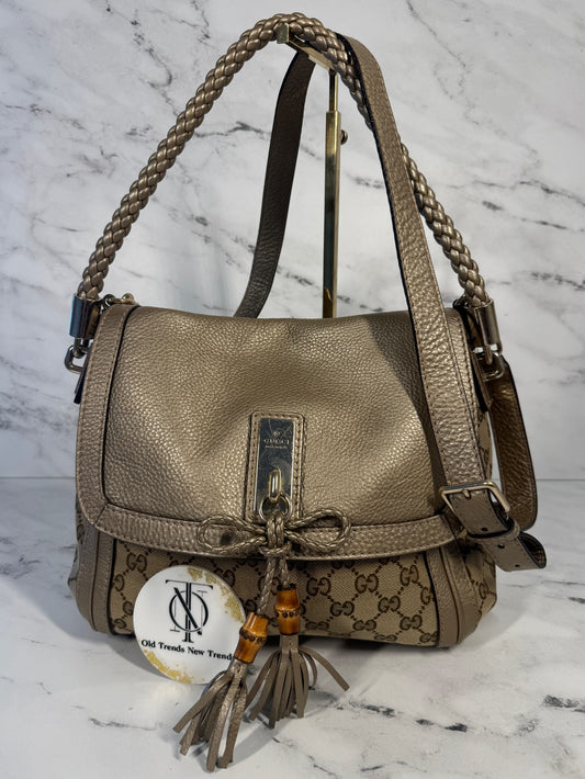 Gucci Vintage Brown GG Monogram Canvas & Gold Leather Bella Bow Flap Medium Shoulder & Crossbody Bag