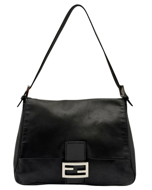 Fendi Vintage Black Lambskin Leather Mamma Baguette Shoulder Bag