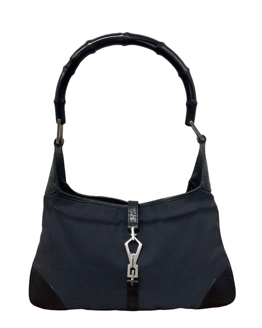 Gucci Vintage Black Canvas Leather Trim Bamboo Handle Small Jackie Shoulder Bag
