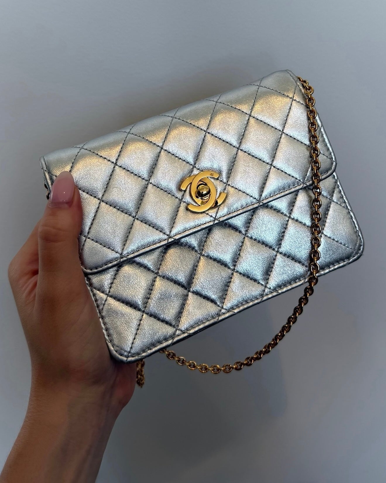 Chanel Vintage 90’s Metallic Silver Quilted Lambskin Micro Mini Square Flap Bag with 24K GPHW