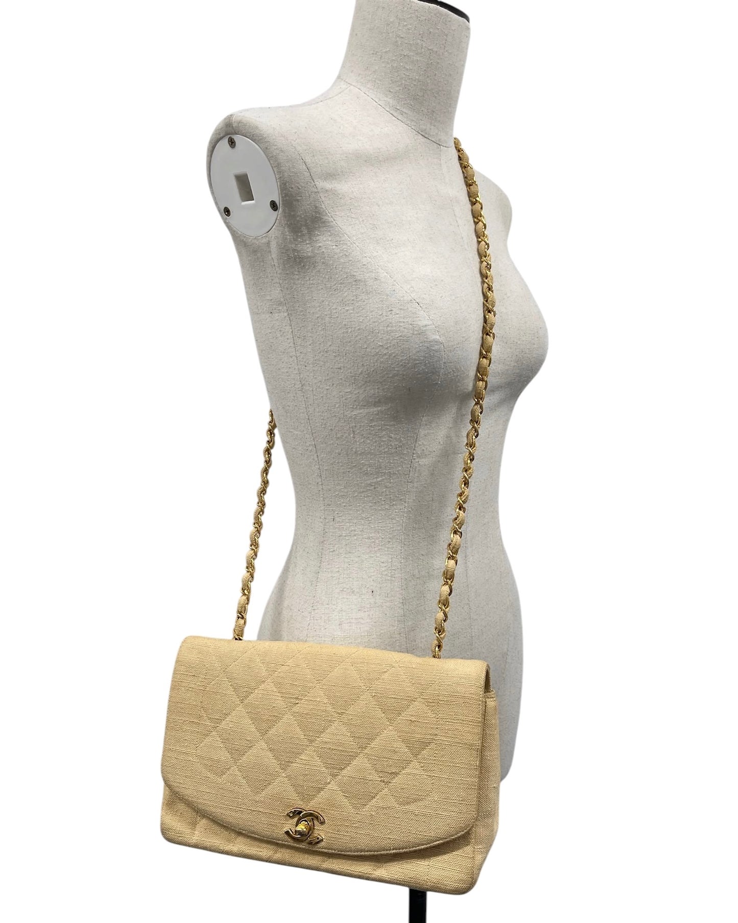 Chanel Vintage 1994 Beige Quilted Linen Medium Diana Flap Bag with 24K GPHW