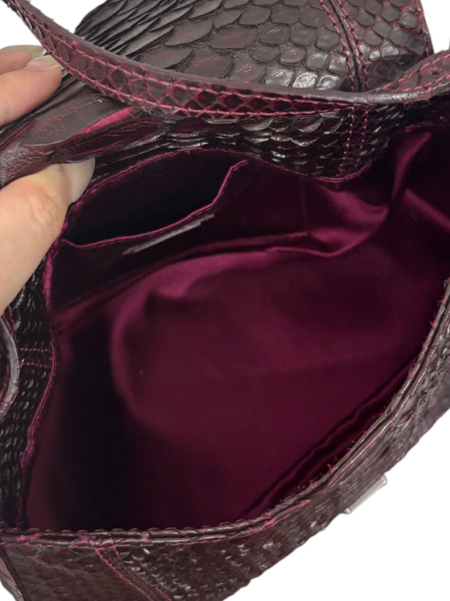 Fendi Vintage Bordeaux Python Leather Jeweled Logo Mini Mamma Shoulder Baguette Bag