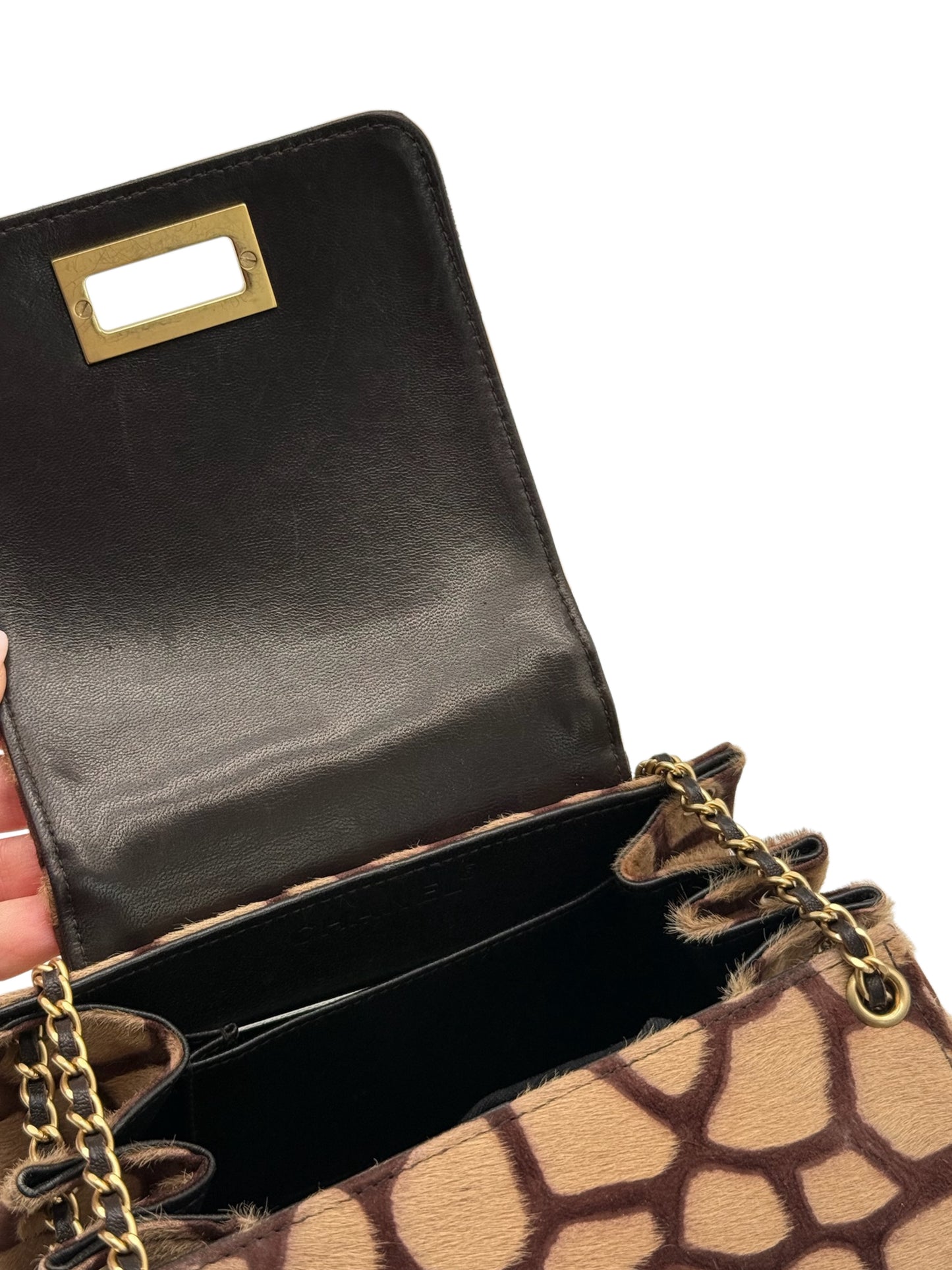 Chanel Vintage 00s Beige & Brown Giraffe Print Pony Hair Logo Reissue Turnlock Mini Top Handle Flap Bag