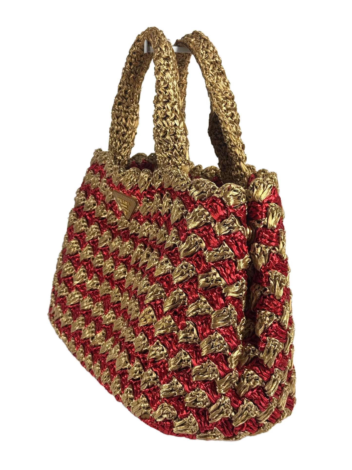 Prada 2012 Red & Brown Crochet Raffia Medium Canapa Tote Bag