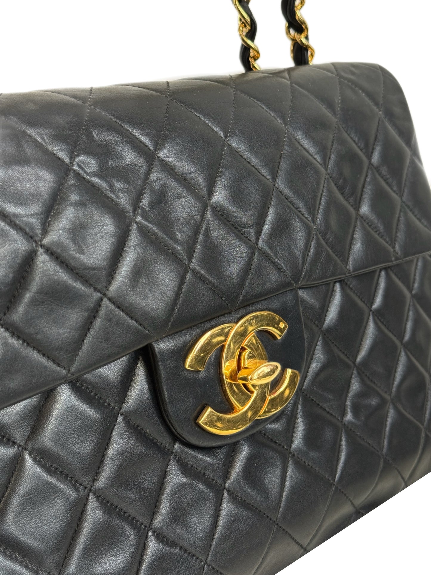 Chanel Vintage 90s Black Quilted Lambskin Jumbo XL Maxi CC Shoulder Classic Flap Bag