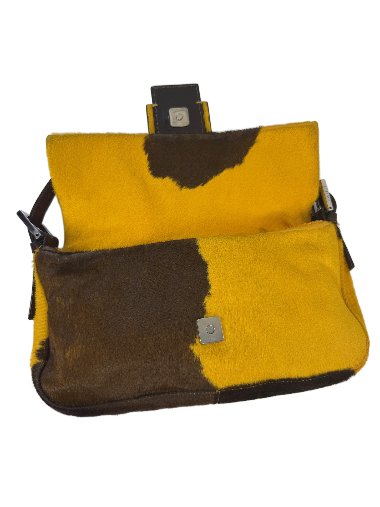 Fendi Vintage Yellow & Brown Cow Print Pony Hair Shoulder Baguette Bag