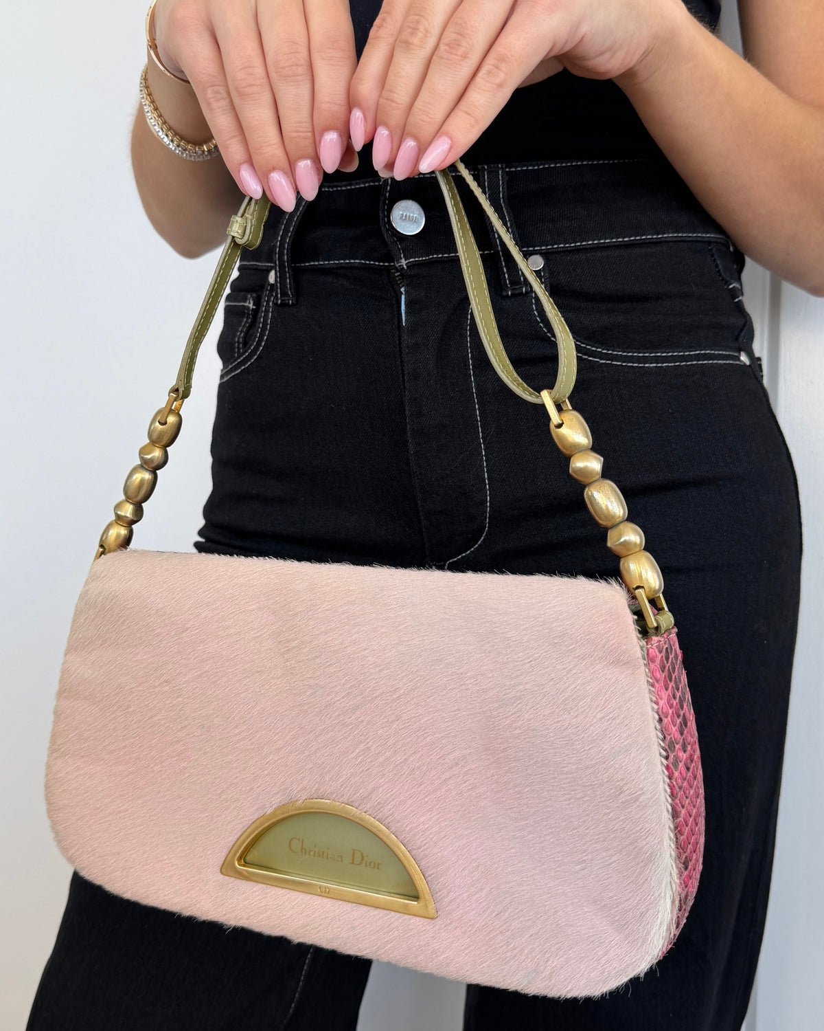 Dior Vintage 00s Pink Pony Hair & Fuchsia Python Green Trim Malice Shoulder Bag