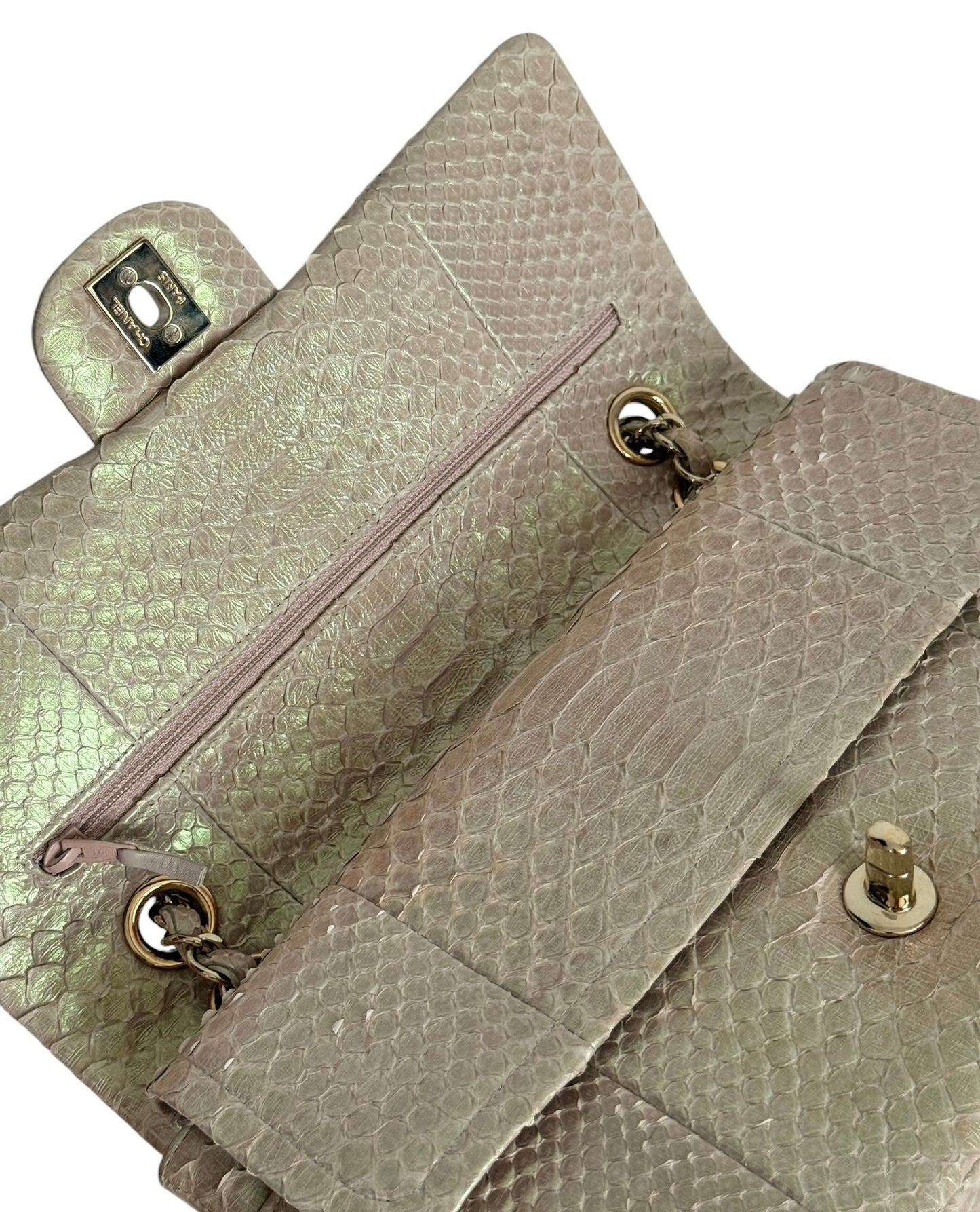 Chanel Iridescent Beige & Pink Python Classic Medium Double Flap Bag with Champagne Gold Hardware 