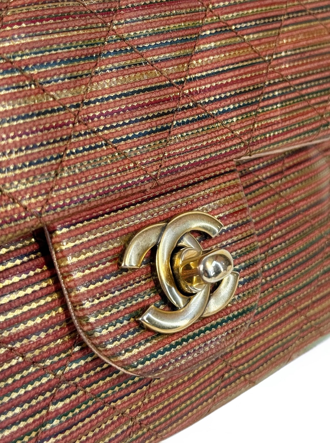 Chanel Orange Multicolor Striped Metallic Extra Mini Flap Bag w Aged Gold Hardware