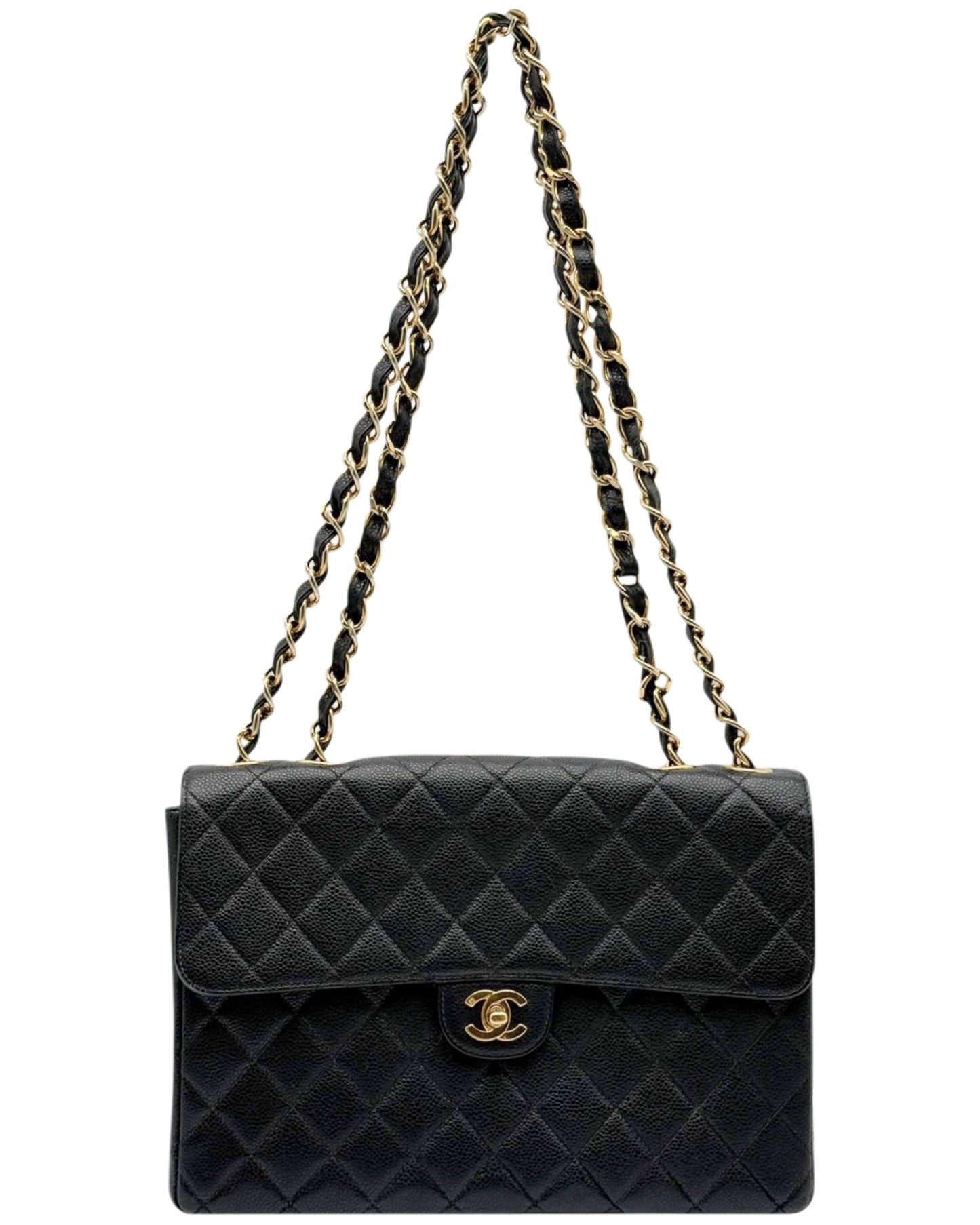 Chanel Vintage 00s Black Quilted Caviar Maxi Classic Single Flap Bag with 24K GPHW