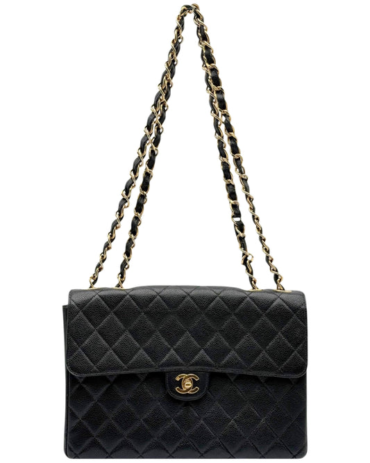 Chanel Vintage 00s Black Quilted Caviar Maxi Classic Single Flap Bag with 24K GPHW