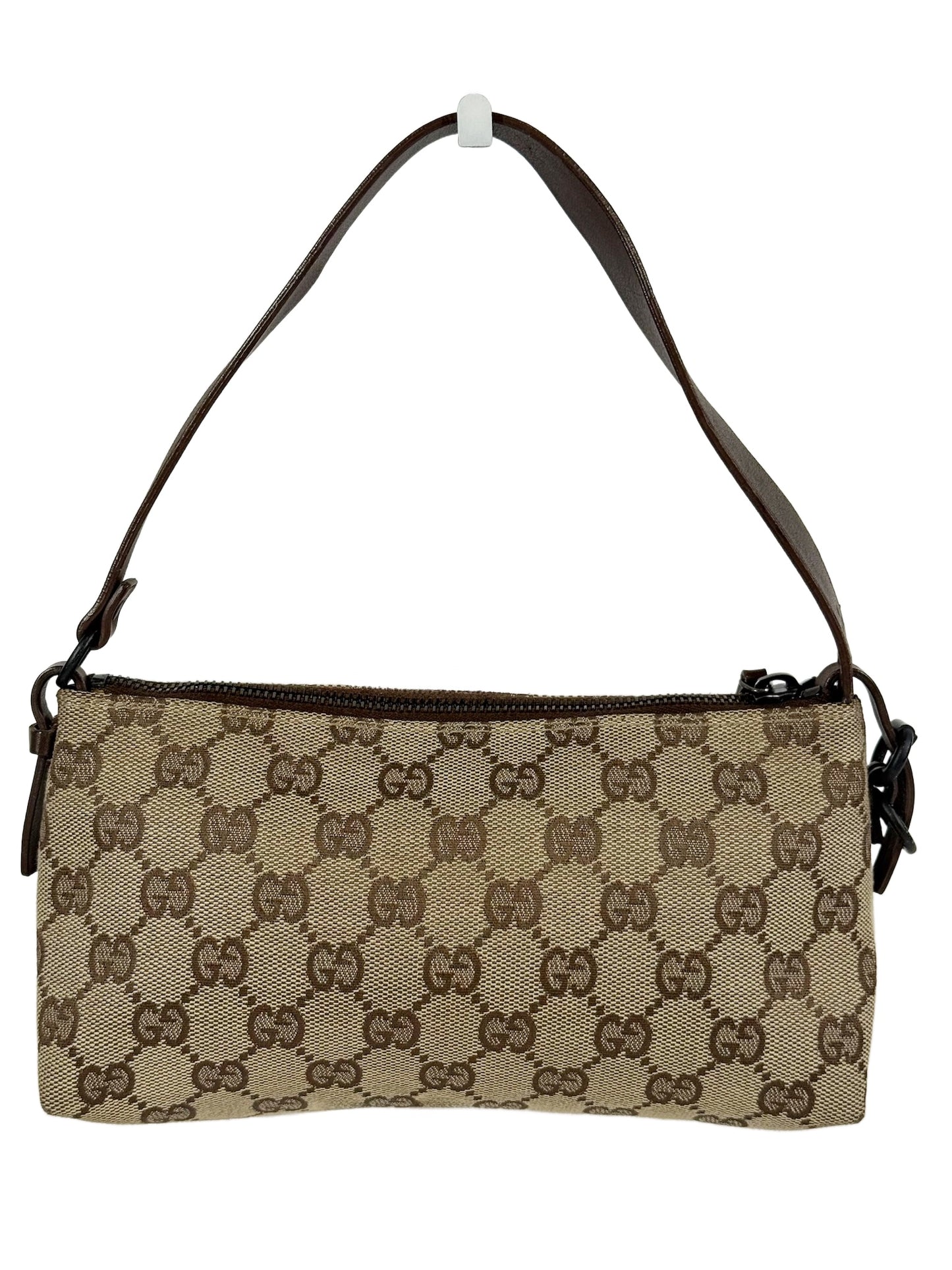 Gucci Vintage Brown GG Monogram Brown Leather Trim Small Pochette Bag