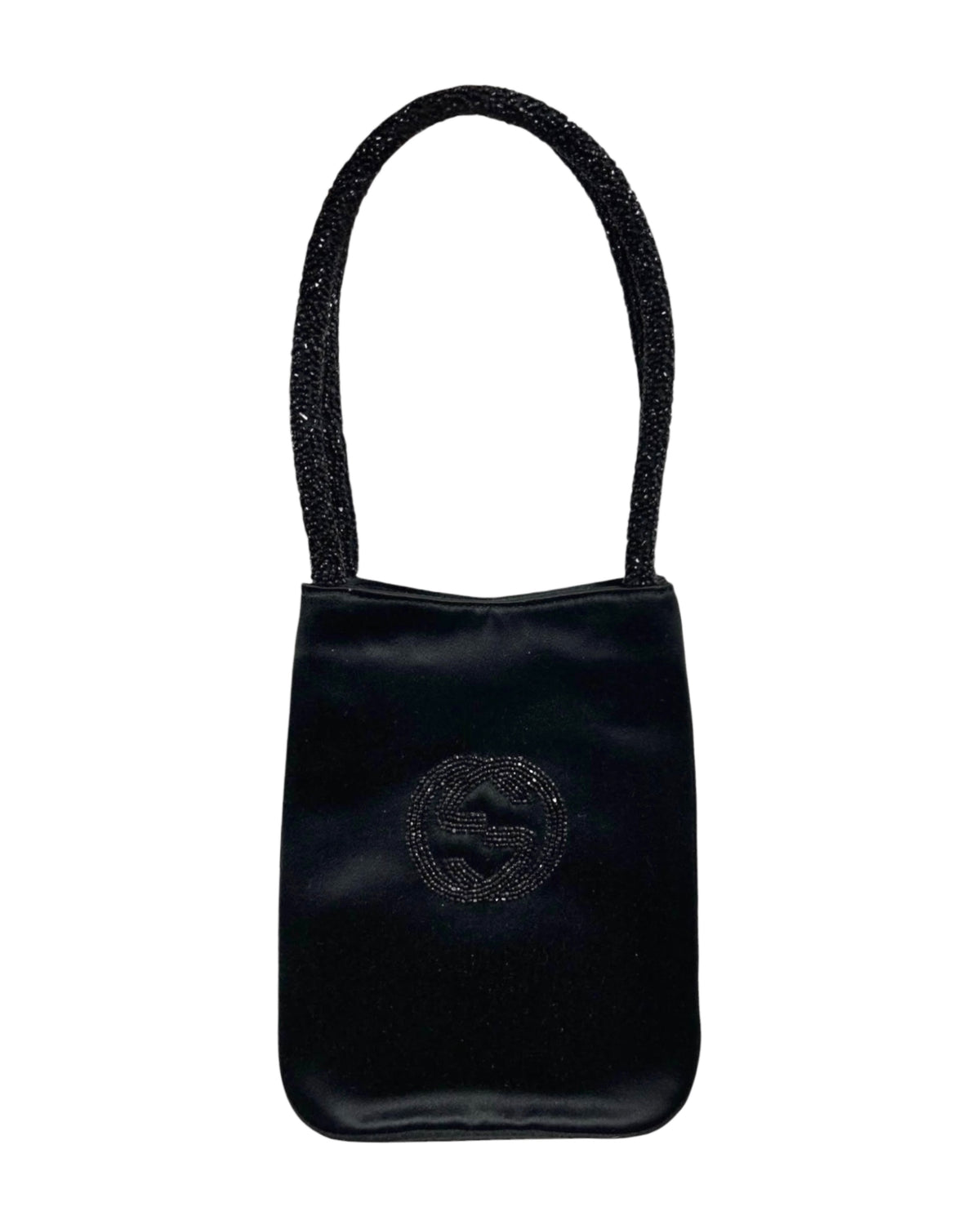 Gucci Vintage Black Satin GG Beaded Mini Evening Bag
