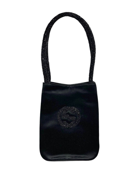 Gucci Vintage Black Satin GG Beaded Mini Evening Bag