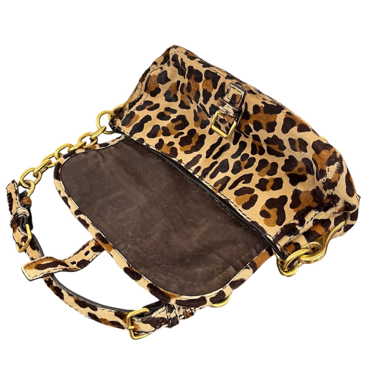 Prada Vintage Leopard Print Pony Hair Chain Link Buckle Small Shoulder Bag