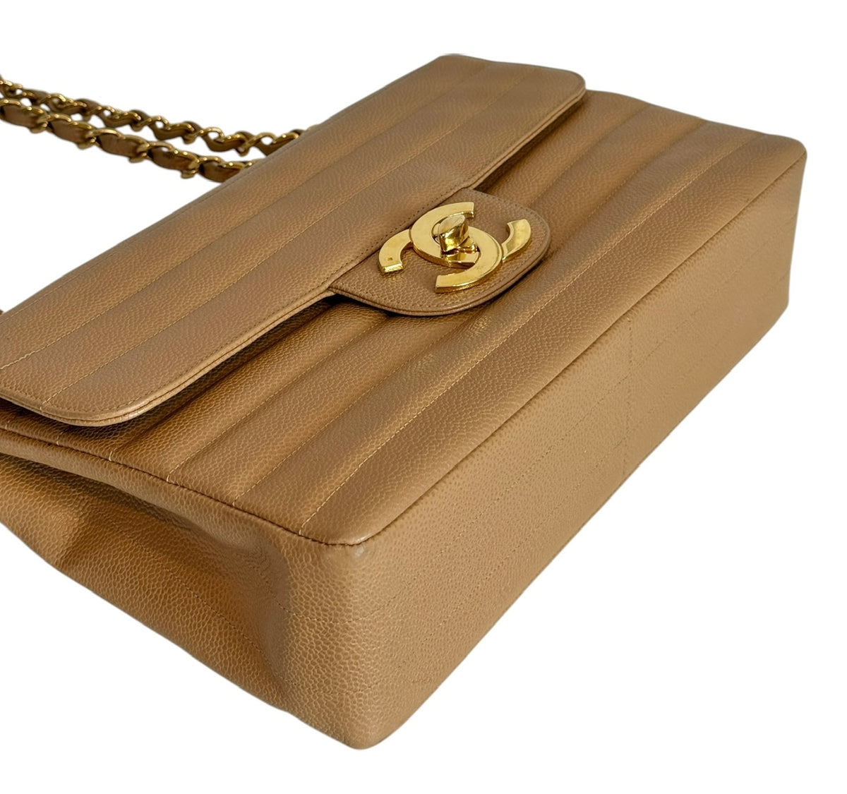 Chanel Vintage 1994-1996 Beige Horizontal Quilted Caviar Leather Jumbo Single Flap Bag with 24K GPHW