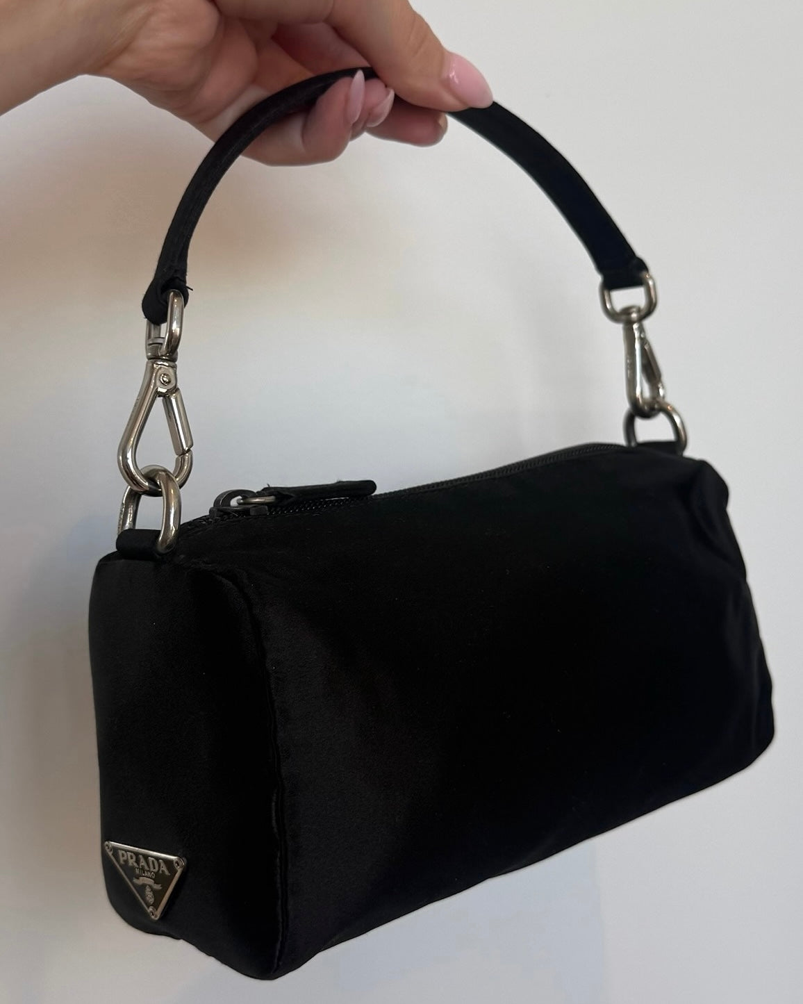 Prada Vintage Black Satin Barrel Mini Pochette Evening Bag