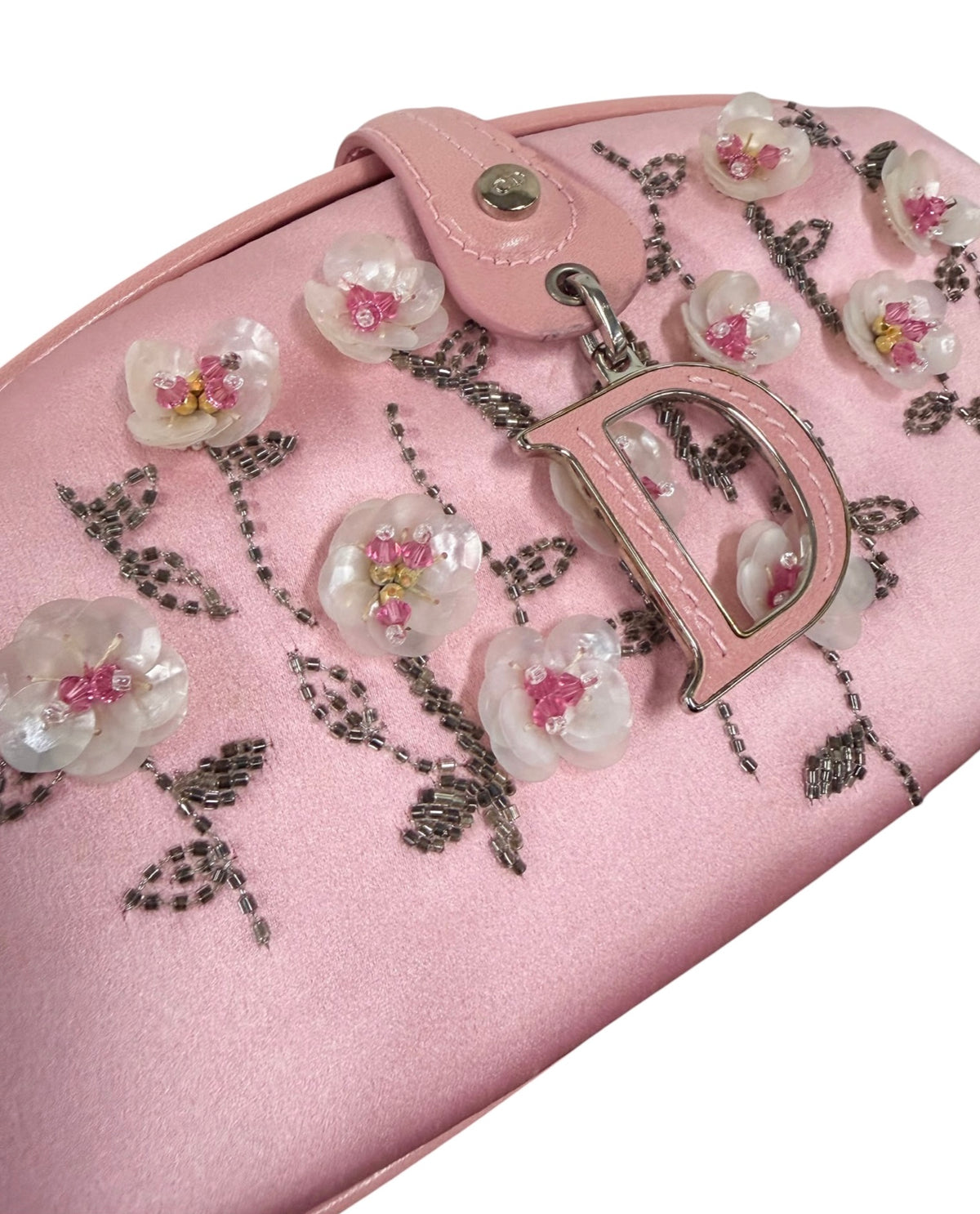 Dior Vintage 2005 Pink Satin Floral Beaded Embellished D Logo Wristlet Clutch Evening Bag Limited Edition #0102