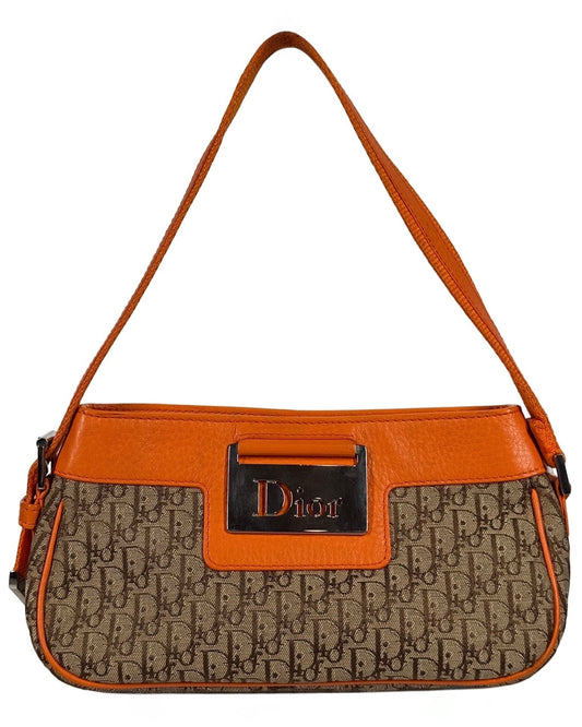 Dior Vintage 2005 Diorissimo Brown Monogram Canvas Street Chic Orange Leather Trim Small Pochette