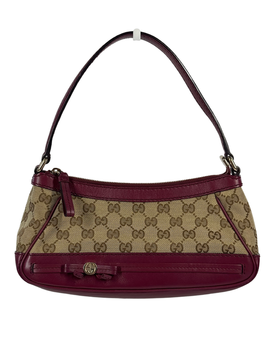 Gucci Brown GG Monogram Canvas Fuchsia Pink Leather Trim Mayfair Bow Logo Shoulder Bag