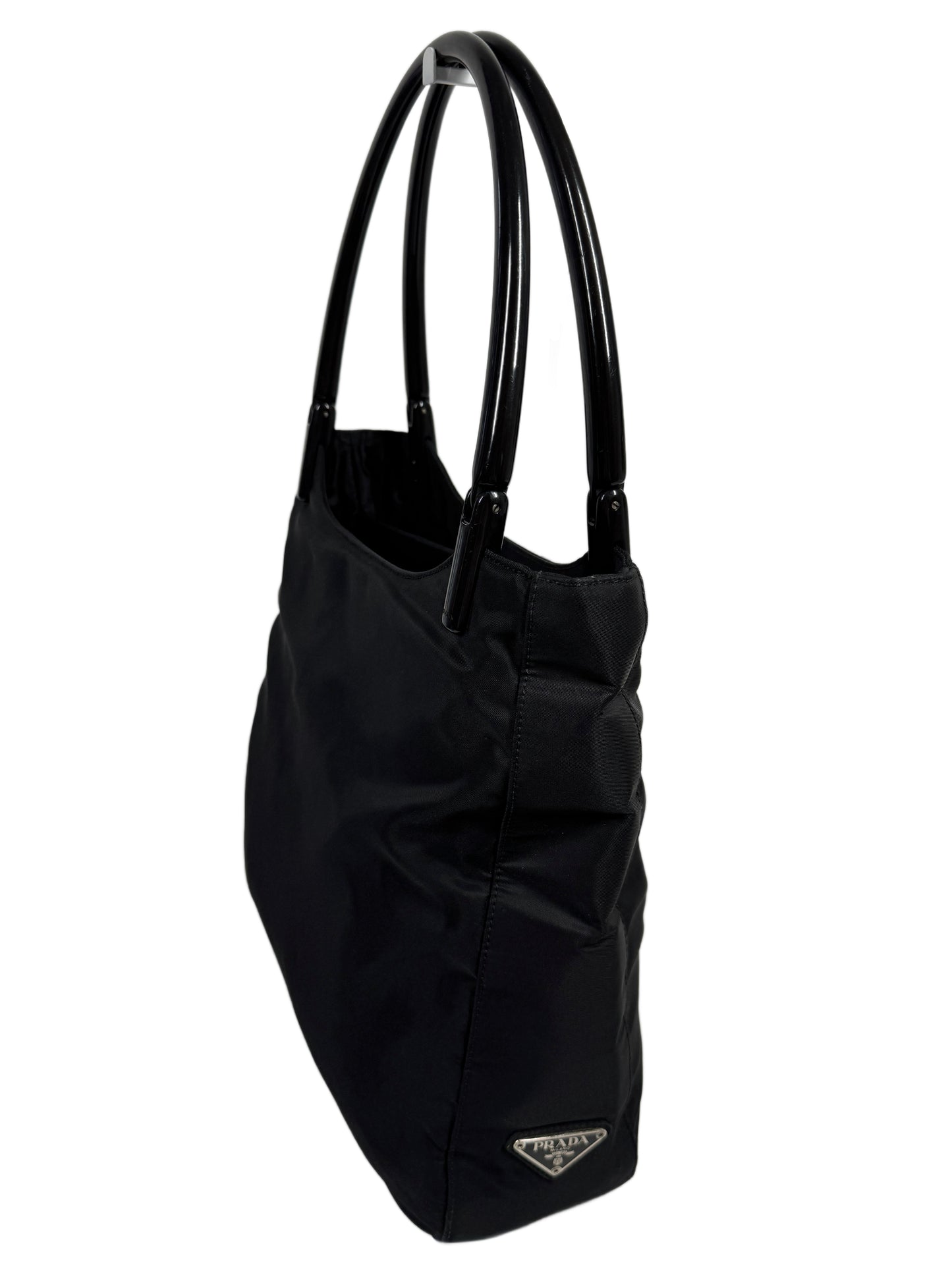 Prada Vintage Black Nylon Acrylic Handle Shoulder Tote Bag