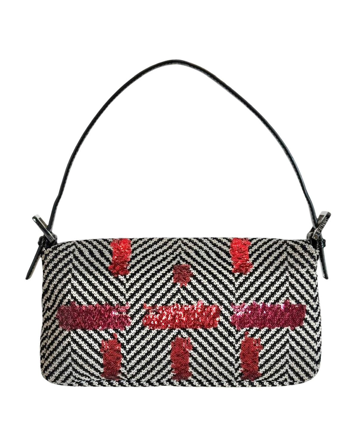 Fendi Black & White Velour Chevron Sequin Multi-color Shoulder Baguette Bag with Black Patent Leather Trim