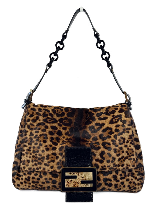 Fendi Vintage Brown Leopard Print Pony Hair w Black Patent Leather Trim XL Jumbo Mamma Baguette Shoulder Bag 