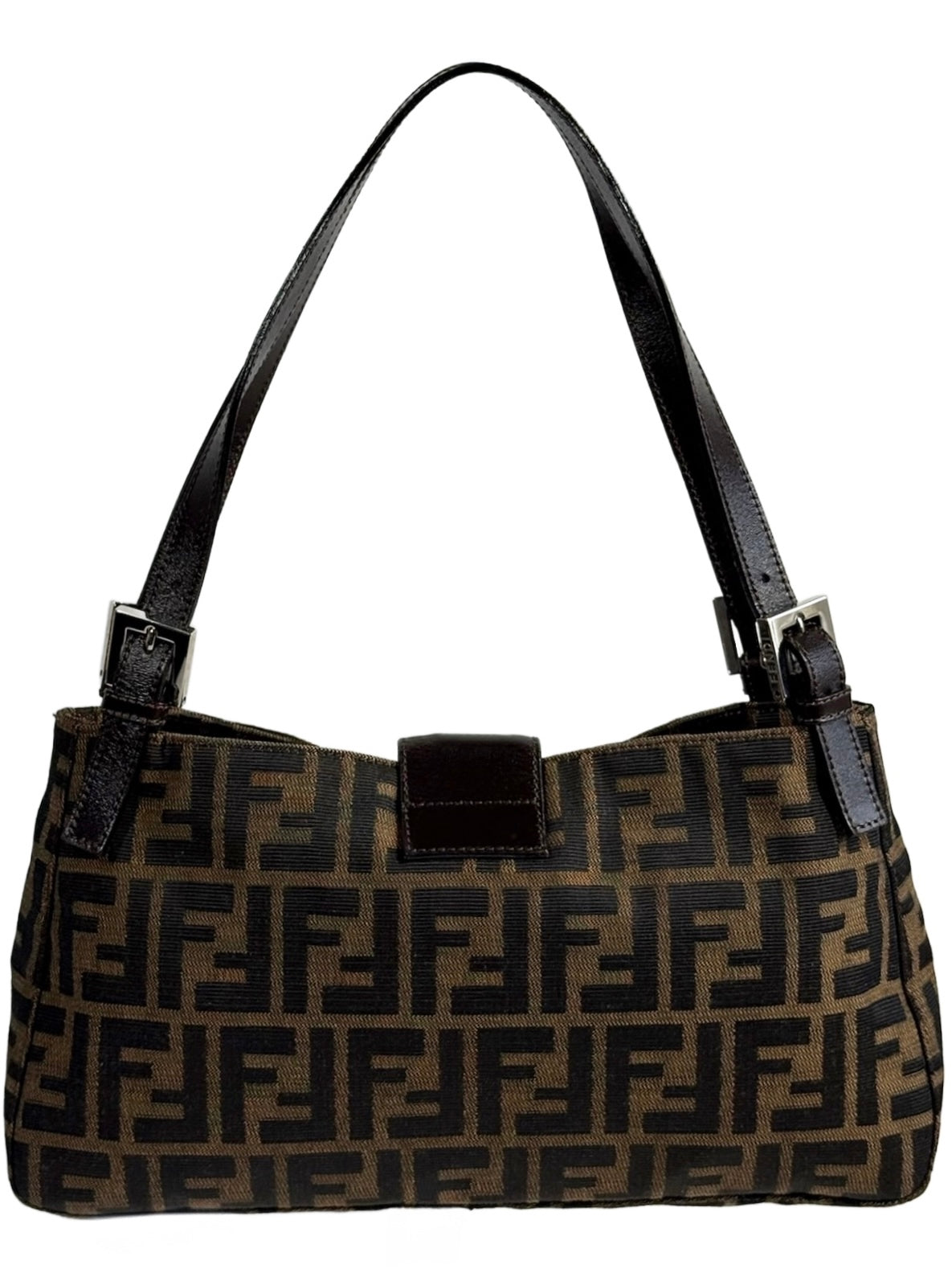 Fendi Vintage Classic Brown Zucca Monogram Medium Open Top Shoulder Baguette Bag