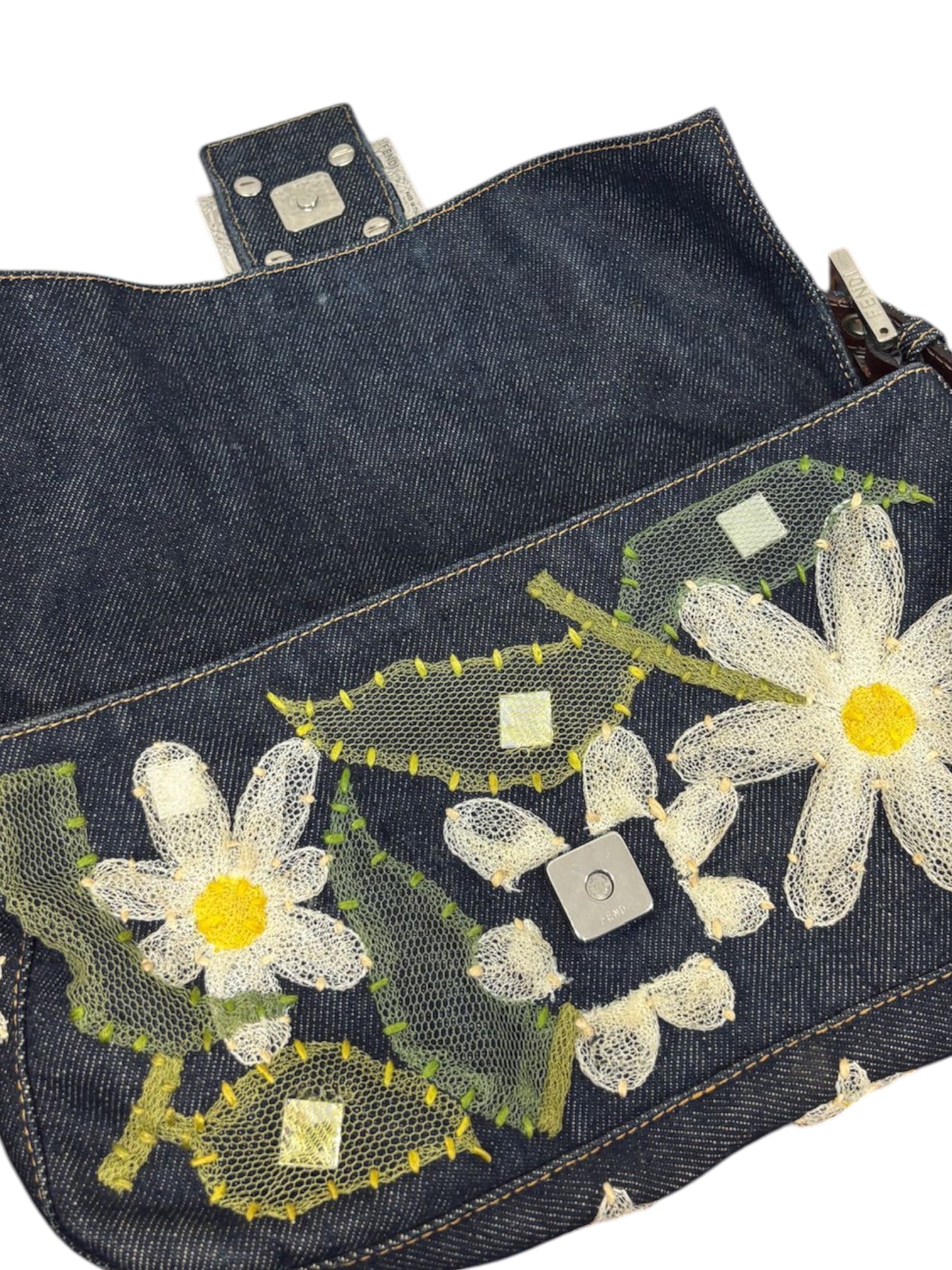 Fendi Vintage Blue Denim Mesh Tulle Daisy Floral Mirror Embellished Shoulder Baguette Bag