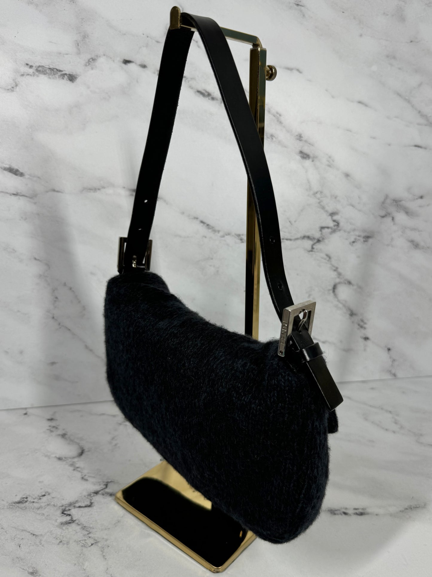 Fendi Vintage Dark Gray & Black Wool Knit Baguette Shoulder Bag