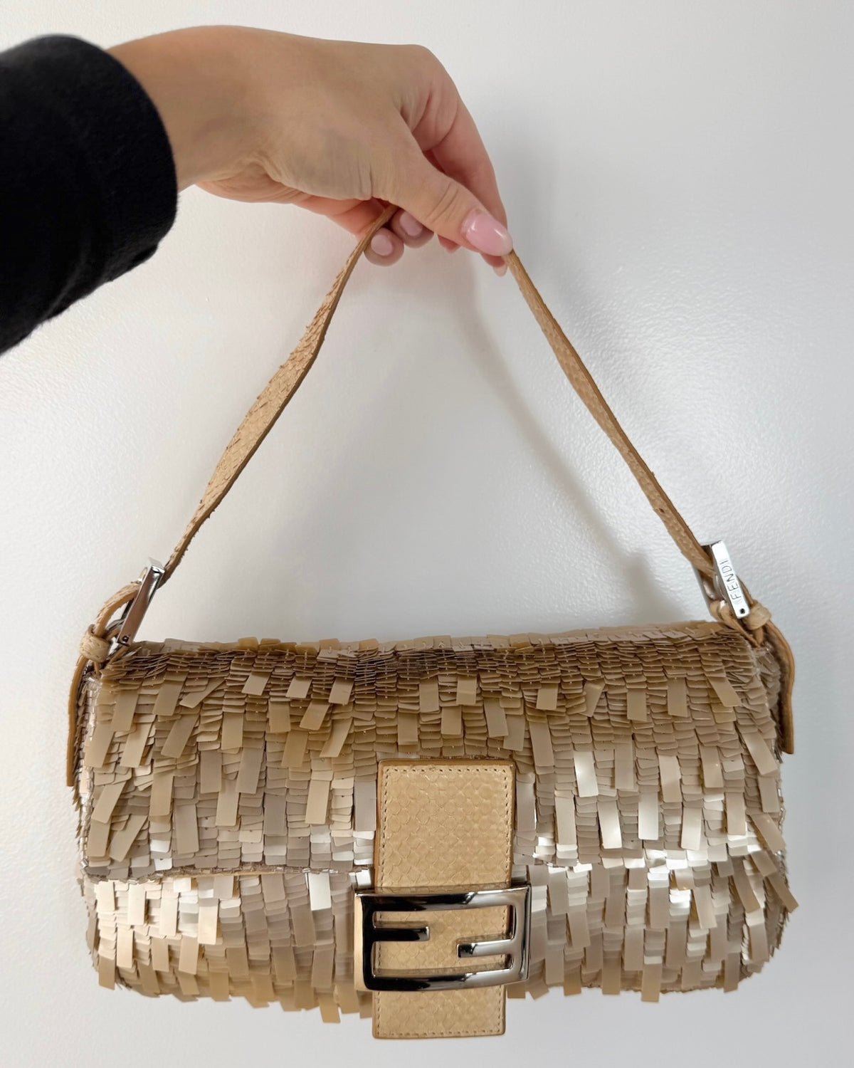 Fendi Vintage Champagne Gold Palliates Sequin Beaded Shoulder Baguette Bag with Python Trim